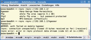 Abbildung 2: Zugriff verwehrt: Wer das Passwort nicht kennt, erhält keinen Zugang zu Freigaben eines Rsync-Servers, die der Administrator mit einem »auth users«-Block geschützt hat.