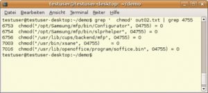 Abbildung 2: Strace und Grep decken auf: Hier setzt der Installer eigenmächtig SUID-Bits auf Programme, die damit zu universellen Einbruchstools mutieren.