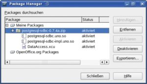 Abbildung 3: Der Package Manager listet alle in Open Office eingebundenen Treiber für externe Datenbanken (hier den PostgreSQL-Treiber) auf.