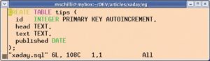 Abbildung 4: Der SQLite-Client bekommt die Datei »xaday.sql« vorgesetzt. Die SQL-Kommandos legen eine Datenbanktabelle an.