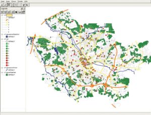 Abbildung 5: Mit dem freien GIS-Viewer Thuban lassen sich Postgis-Daten auf dem Desktop anzeigen. In dieser Ansicht dient der freie Vektor-Datensatz Frida der Stadt Osnabrück als Datenquelle.