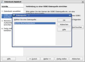 Abbildung 7: Base sieht die über ODBC eingebunde MySQL-Datenbank und kann sich mit ihr nach Eingabe von Benutzer und Passwort verknüpfen.