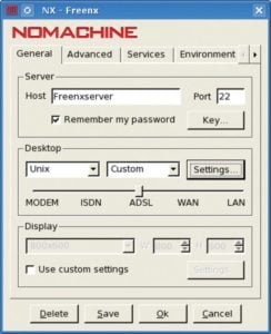 Abbildung 2: Der Schieberegler bestimmt die Komprimierung. Von »MODEM« (stark verdichtet) bis »LAN« (fast unkomprimiert) reicht die Spanne. Hier hat der Anwender im Bereich Desktop über den Eintrag »Custom« eine einzelne Anwendung im Seamless Mode ausgewählt. Den Pfad trägt er über den »Settings«-Dialog ein.
