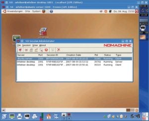 Abbildung 3: Eine verschachtelte Free-NX-Sitzung zeigt die Flexibilität und Kompatibilität von NX und Free NX. Der Session-Administrator listet drei laufende Sitzungen, in zweien davon fungiert der lokale Rechner als Client, in einer als Server. Lokal ist Nomachines NX installiert, der entfernte Rechner betreibt Free NX. In der NX-Sitzung hat der Benutzer eine Free-NX-Session geöffnet.