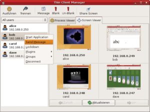 Abbildung 4: Der Thin Client Manager vereint in sich Systemüberwachung, Benutzerverwaltung und VNC-Viewer. Ungehörige Client-Benutzer sperrt der Admin hier einfach per Mausklick aus.
