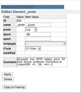 Abbildung 5: Mit Hilfe eines L7-Filters kann Edenwall ein Protokoll nicht nur anhand der Portnummer erkennen, sondern auch anhand der Daten, die es übermittelt. Mit der HTTP-Strict-Einstellung darf auf Port 80 nur HTTP-Verkehr passieren.