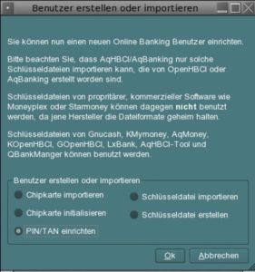 Abbildung 6:. Die in Gnucash eingebundene Software Aqbanking übernimmt die Schlüsseldateien anderer freier Onlinebanking-Anwendungen.
