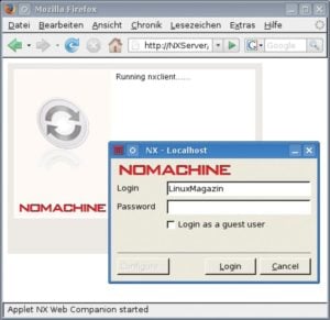 Abbildung 7: Zugriff auf den Linux-Desktop vom Browser aus: Dank eines Java-Applets ist auf dem Client keine Software-Installation erforderlich. Der Nomachine Web Companion funktioniert laut Mailingliste auch mit Free NX.