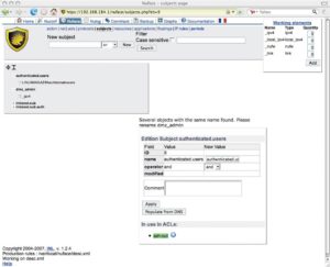 Abbildung 7: Nuface zeigt sich beim Administrieren reichlich unübersichtlich. Hier legt der Admin ein Subjekt an, das als Quelle von Verbindungen in den ACLs dient. Das Subjekt »authenticated.users« fasst die Verbindungen aller Benutzer zusammen, die sich erfolgreich authentifiziert haben.