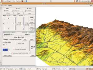 Abbildung 1: Das Geo-Informationssystem GRASS GIS verwendet freie Werkzeuge, hier zum Beispiel NVIZ für ein dreidimensionales Geländemodell. Die Abbildung zeigt die Standard-Daten der Spearfish-Karten.