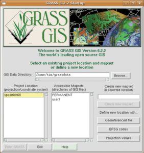 Abbildung 3: Der Startbildschirm von GRASS. Sofern kein Tcl/Tk installiert ist, werden die hier präsentierten Einstellungen in der Konsole abgefragt.
