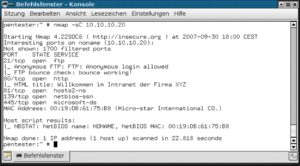Abbildung 2: Im neuen Skriptmodus mit »-sC« ruft Nmap externe Skripte auf. Da Nmap einen offenen Port 80 erkennt, fragt das Werkzeug unter anderem den Titel einer erkannten Website ab und zeigt ihn an. Auch pro Host sind zusätzliche Auswertungen möglich: Hier erkennt NSE den Netbios-Namen des Ziels.