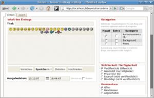 Abbildung 2: Zuckende Smileys als Blickfang: Der Standardeditor von B2evolution ist nicht Wysiwyg-fähig, die Oberfläche wenig ergonomisch gestaltet. Das Tinymce-Plugin sorgt wenigsten für formatierten Text.