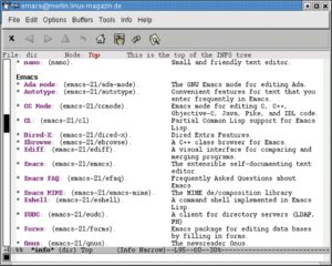 Abbildung 3: Mit dem Editor Emacs browsen Anwender im Info-System. Unter X gestartet ist es sogar möglich, die Info-Menüs mit der Maus aufzurufen.