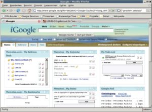 Abbildung 1: Memotoo blendet Termine, Adressen, Aufgaben, Notizen und Lesezeichen aus dem zentralen Datenbestand auf der Google-Startseite ein..