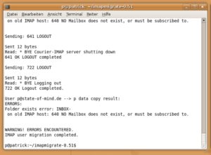 Abbildung 1: Imapmigrate aus den Cyrus-Imapd-Tools leistet gute Dienste, solange nur der Cyrus-Server im Spiel ist. Mit einem Courier-IMAP-Server beispielsweise scheitern viele Aufrufe mit Fehlermeldungen.