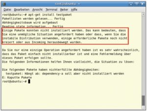 Abbildung 1: Schnell, aber nicht klug: Apt-get leistet sich deutliche Schwächen beim Auflösen der Paketabhängigkeiten. Die Fehlermeldung verschleiert zudem den Grund, warum sich ein Paket nicht installieren lässt.
