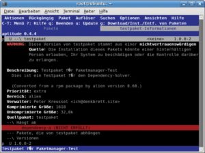Abbildung 2: Würdiger Erbe: Ab Debian 4.0 ersetzt Aptitude Apt als Standard-Paketmanager. Die neue Anwendung löst Abhängigkeiten besser auf und bietet außer dem Kommandozeilen-Interface auch ein Ncurses-basiertes GUI.