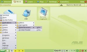 Abbildung 2: Der Windowmanager Icewm gestattet mit ein paar Handgriffen die Umgestaltung des Asus-Launcher zum nahezu vollwertigen Desktop mit vier Arbeitsflächen und Startmenü.