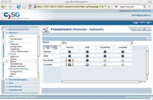 Abbildung 3: Die Firewallmatrix für die vier Netzwerke aus dem Testlabor. Die mit orangefarbenen Klammern hervorgehobenen Einträge haben neben der Defaultregel, die für alle Dienste gilt, noch weitere Einträge.
