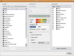 Abbildung 1: Das DVB-Modul des Videoplayers Kaffeine unterstützt als einziges grafisches Programm einen Sendersuchlauf durch alle Frequenzen.