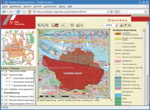 Abbildung 2: Das neue Portal der Stadt Regensburg basiert ebenfalls auf der Kombination Postgis, Mapserver und Mapbender. Die gewählte Kartenansicht zeigt Stadtplan, Wasserschutzgebiete und Sehenswürdigkeiten.