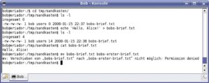 Abbildung 1: Obwohl Bob als Besitzer der Datei »bobs-brief.txt« das Schreibrecht hat, darf er sie nicht umbenennen: Die Änderung betrifft nicht den Inhalt der Datei, sondern den Inhalt des Verzeichnisses. Als Besitzer des Verzeichnisses »sandkasten« hat hier neben Root nur Alice Schreibrecht.