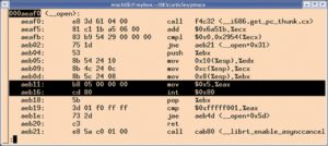 Abbildung 1: Der Code der Libc, der den Kernel darum bittet, den Systemcall »open()« auszuführen. Über einen Interrupt wechselt der Prozessor dafür in den Kernel-Mode.