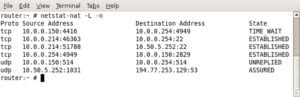 Abbildung 1: Mit »-L« zeigt Netstat-NAT jene Verbindungen, die das NAT-Gateway nicht passieren, sondern dort jäh enden. Dank »-n« löst das Tool Host- und Portnamen nicht auf.