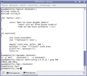Abbildung 6: Mit diesem Programm lässt sich überprüfen, ob Code auf dem Stack ausführbar ist oder nicht. Erzeugt das Programm einen Segmentation-Fault, ist das ein gutes Zeichen.