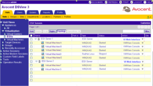 DSview zeigt die ganze VMware-Infrastruktur, zum Beispiel Cluster und virtuelle Hardware-Ressourcen.
