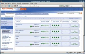 Abbildung 1: Das Enterprise Open Source Directory listet freie Software nach Kategorien sortiert auf. Die Wertungen stammen aus der Praxis des Optaros-Teams und von Usern.