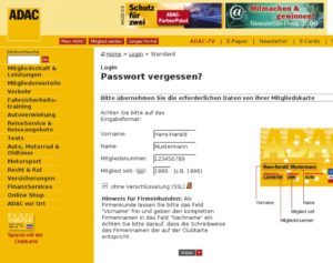Abbildung 1: Wer die Daten auf der ADAC-Karte kennt, kann sich einloggen, das Passwort ändern, die Daten ändern und im Onlineshop bestellen.