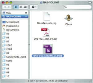 Abbildung 2: Das NAS-Volume des Testservers, via Appletalk am Mac gemountet. Es steht gleichzeitig auch Windows- und Linux-Usern offen.