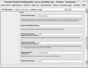 Abbildung 3: Die Konfiguration des Freenet-Knotens erfolgt per Webinterface. Neben dem Namen lassen sich auch die bereitgestellte Bandbreite und der Speicherplatz festlegen, 1 GByte mindestens ist zu empfehlen.