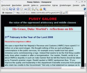 Abbildung 4: In seinem Flog genannten Freenet-Blog äußert sich &bdquo;Duke Morbid&ldquo; zum Geschehen in der britischen Öffentlichkeit. Das Netzwerk erlaubt es, auch kontroverse Inhalte zu verbreiten.