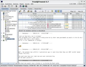 Abbildung 6: Frost bietet eine dem Usenet ähnliche Massenkommunikation mit pseudonymer Authentisierung an. Teilnehmer diskutieren so kontroverse Standpunkte zwar ohne Angabe von Klarnamen, sind aber zweifelsfrei und fälschungssicher unterscheidbar. Die Java-Anwendung organisiert die Beiträge in Foren.