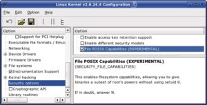 Abbildung 1: Die File Posix Capabilities sind zwar seit Kernel 2.6.24 enthalten, allerdings per Default deaktiviert. Falls »Enable different security models« ausgewählt ist, muss auch noch »Default Linux Capabilities« aktiviert sein.
