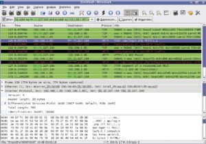 Abbildung 1: Der Netzwerkmonitor Wireshark erlaubt die Überwachung von Netzwerkinterfaces. Das Tool listet jedes Paket in einer Zeile im oberen Fensterdrittel auf, ganz unten sind die Binärdaten zu erkennen.