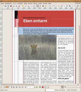 Abbildung 1: Eine Layoutsoftware wie Scribus gleicht einer Mischung aus einer Texverarbeitung und einem Grafikprogramm: Sie positioniert Schrift und Grafik auf der Seite und bietet gleichzeitig die aus Grafikprogrammen bekannten Layout-Tools wie Hilfslinien.