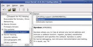 Abbildung 2: Die Kprobes-Schnittstelle findet zusammen mit dem Modul »Capable_Probe« heraus, welche Posix Capabilities ein Programm braucht. Die »Kprobes«-Konfiguration befindet sich unter »Instrumentation Support«.