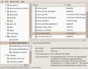Abbildung 2: Das Utility »gconf-editor« definiert unter »Apps/Metacity/global_keybindings« den Eintrag »run_command_1« mit dem Hotkey [Strg]+[U]. Auch andere freie Tastenkombinationen sind möglich.