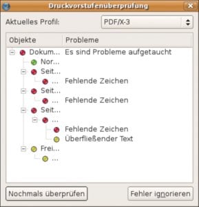 Abbildung 3: Scribus warnt beim Druck vor Problemen mit dem Layout, weist aber nicht auf die im Dokument eingebundenen RGB-Bilder hin.