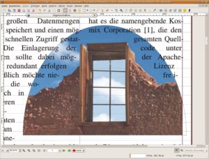 Abbildung 5: Die Scribus-Entwicklerversion 1.3.4 unterstützt die aus Profi-Programmen bekannten Beschnittpfade, die SVN-Version 1.3.5 nutzt sie auch für das Umfließen von Texten.