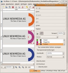 Abbildung 6: Überdurchschnittlich: Scribus kann &ndash; anders als das kommerzielle Profi-Programm Indesign &ndash; auch den Vektorgrafiken im SVG-, Open-Office- und Xfig-Format Farben aus der Layoutpalette zuweisen.