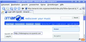 Abbildung 1: Das Amarok-Wiki erlaubt dem Benutzer ein Login mittels Open ID. Anschließend gibt der Nutzer seine Open-ID-Identität als vollständigen URI ein.
