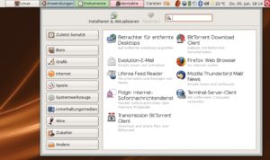 Abbildung 2: Gimmie möchte zum Standardmenü der nur in den Köpfen einiger Visionäre existierenden Gnome-Version 3.0 werden. Der Fokus liegt nicht mehr allein auf Anwendungen, es stehen auch Dateien und Kontakte auf der gleichen Ebene zur Auswahl.