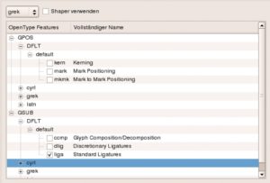 Abbildung 3: Auch wenn die Kürzel der Opentype-Features verwirren, findet der Benutzer in der Baumansicht von Fontmatrix mit den »DFLT«-Einträgen in den beiden Root-Zweigen »GPOS« und »GSUB« schnell die wesentlichen Funktionen, das sprachabhängige Kerning und die Ligaturen.
