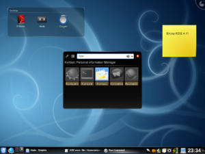 Der Desktop mit Plasmoiden und dem neuen Schnellstartmenü.