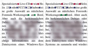 Abbildung 1: Nicht mehr so löchrig: Ab der instabilen Version 1.3.4 verschwinden im Blocksatz die übergroßen Wortabstände, wie die farbigen Abstandskeile und der mit Unschärfe sichtbar gemachte Grauwert beweisen.